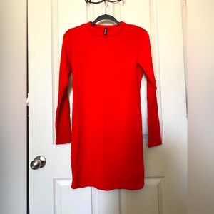 NWOT Zara Bodycon Dress Women's Size M-L Red Cotton Crew Neck Long Sleeve.